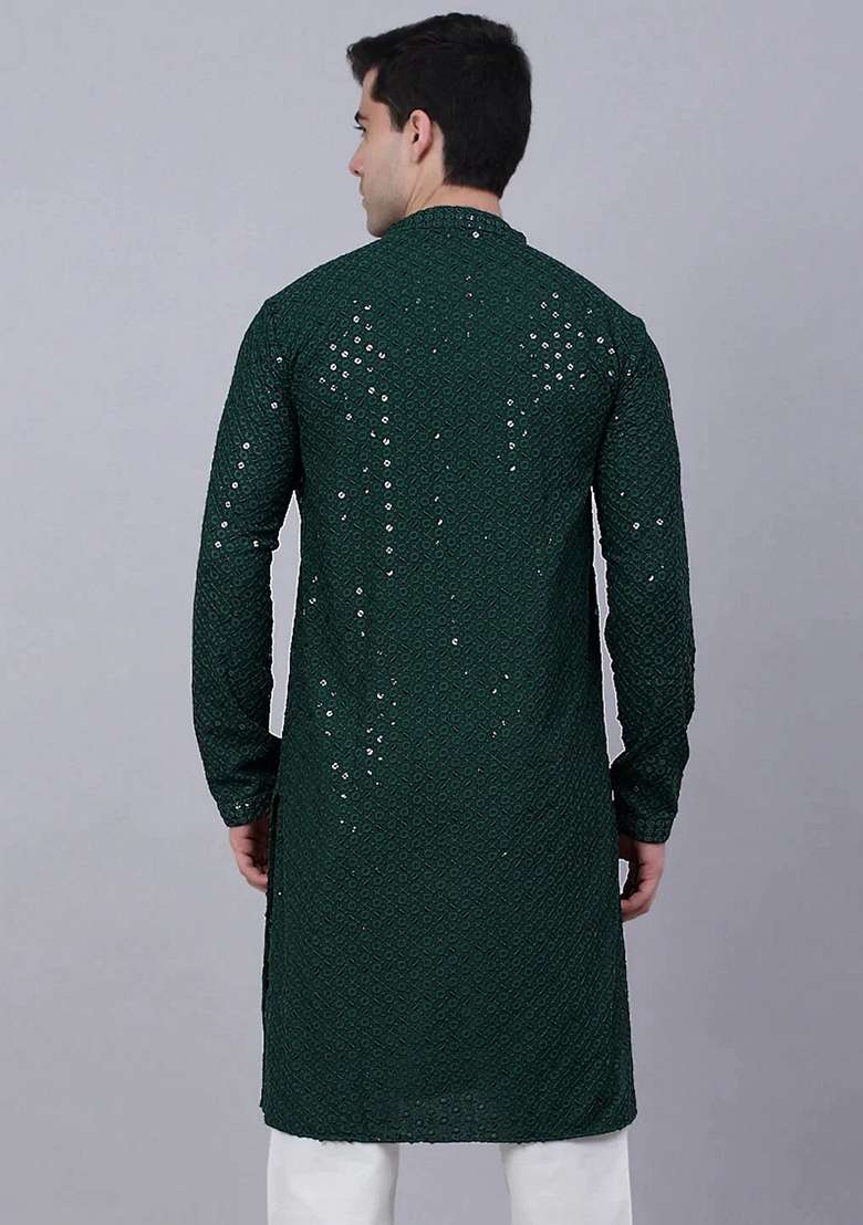 Olive Embroidered Viscose Rayon Kurta For Men - Indya