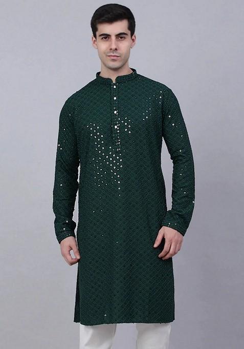 Olive Embroidered Viscose Rayon Kurta For Men