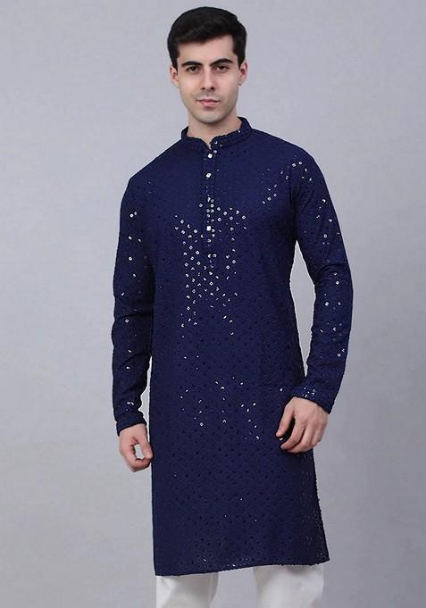 Navy Blue Embroidered Viscose Rayon Kurta For Men