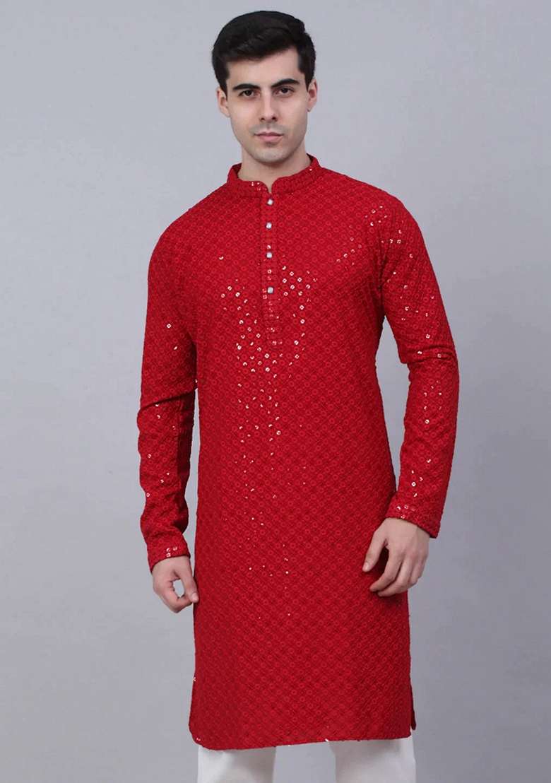 Maroon Embroidered Viscose Rayon Kurta For Men - Indya