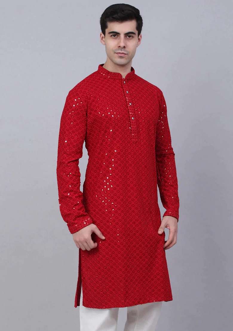Maroon Embroidered Viscose Rayon Kurta For Men - Indya