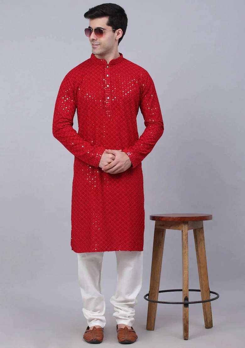 Maroon Embroidered Viscose Rayon Kurta For Men - Indya
