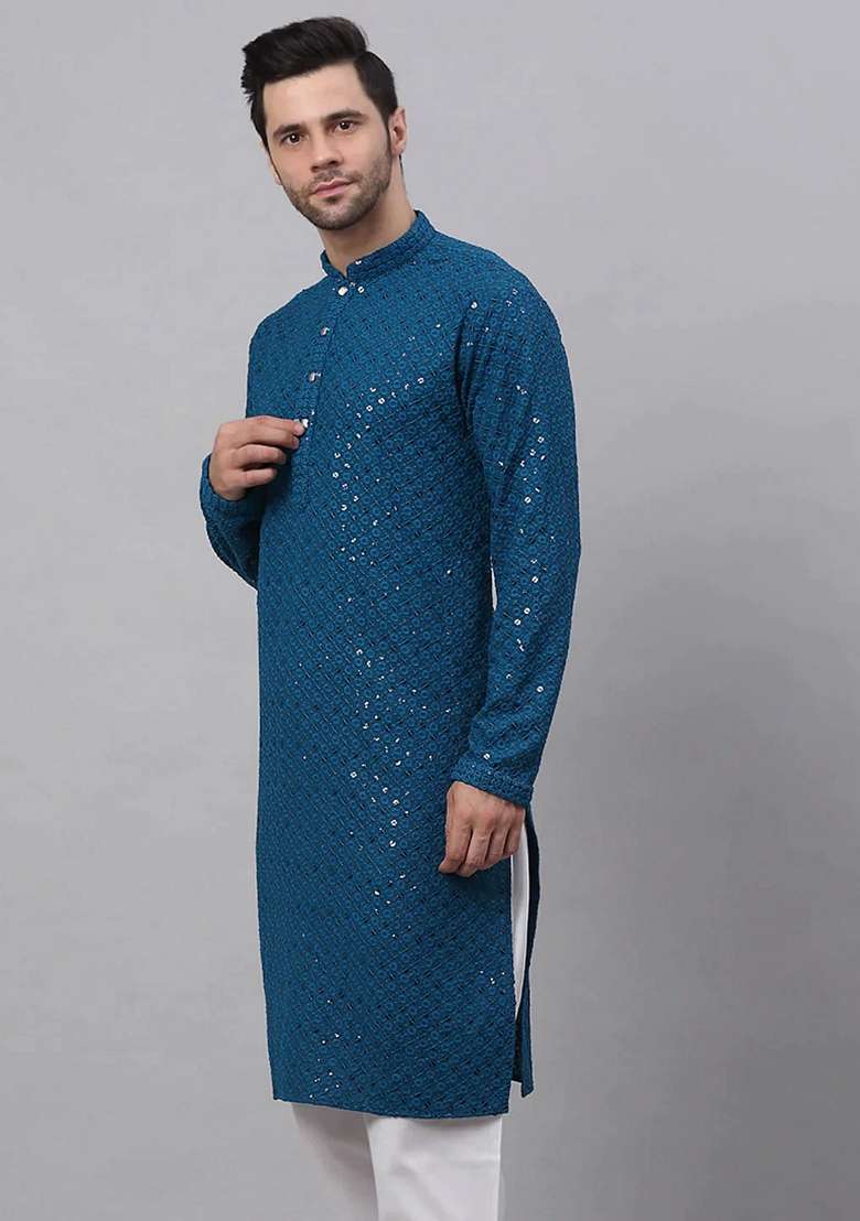 Blue Embroidered Viscose Rayon Kurta For Men - Indya