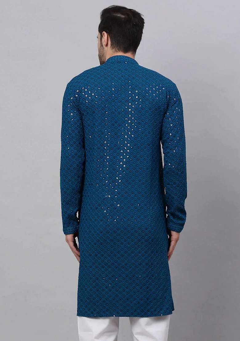 Blue Embroidered Viscose Rayon Kurta For Men - Indya