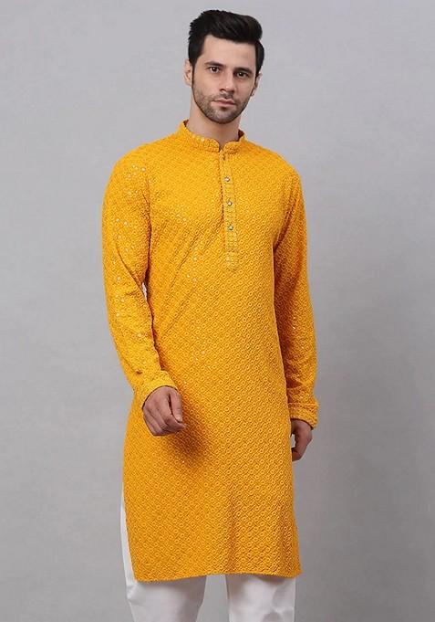 Mustard Embroidered Viscose Rayon Kurta For Men