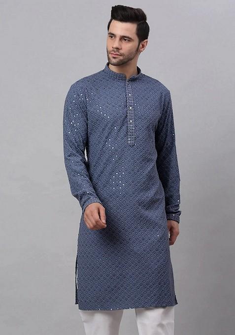 Grey Embroidered Viscose Rayon Kurta For Men