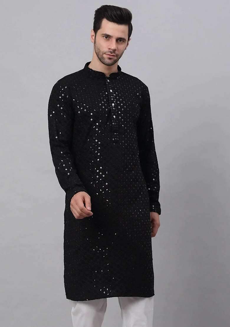 Black Embroidered Viscose Rayon Kurta For Men - Indya