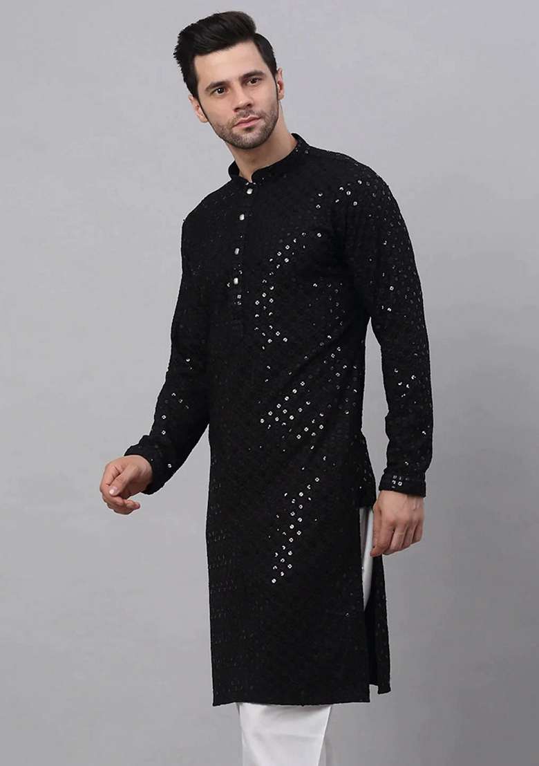 Black Embroidered Viscose Rayon Kurta For Men - Indya