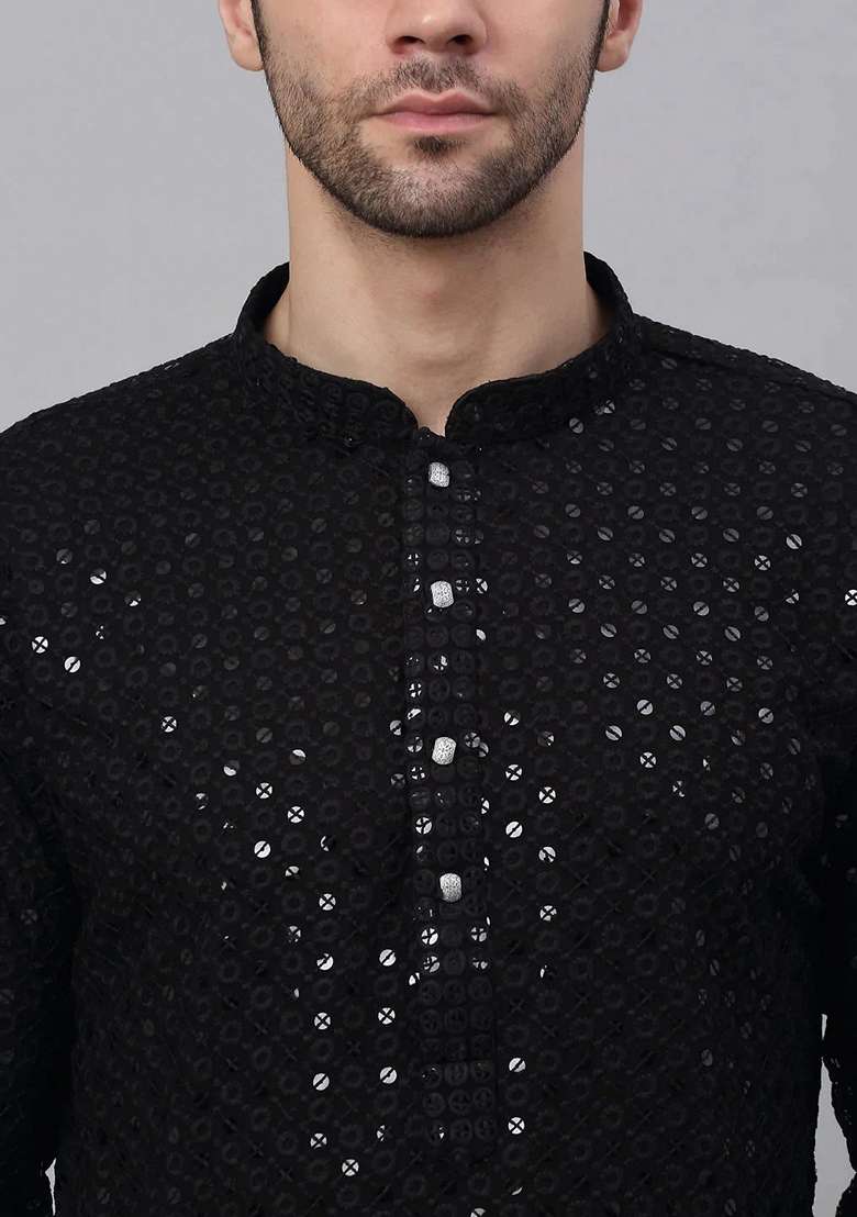 Black Embroidered Viscose Rayon Kurta For Men - Indya