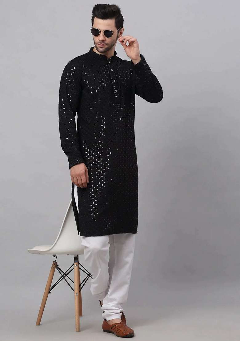 Black Embroidered Viscose Rayon Kurta For Men - Indya