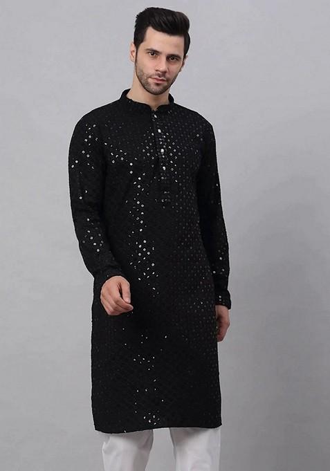 Black Embroidered Viscose Rayon Kurta For Men