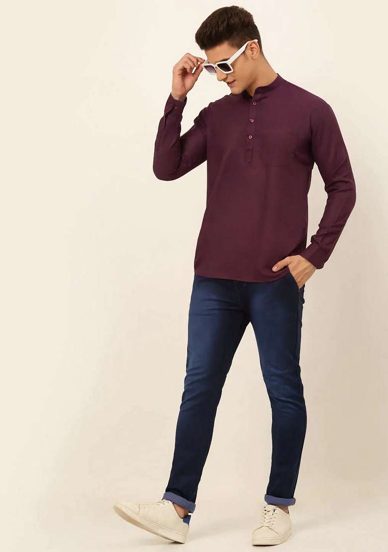 Wine Cotton Kurta For Men - Indya