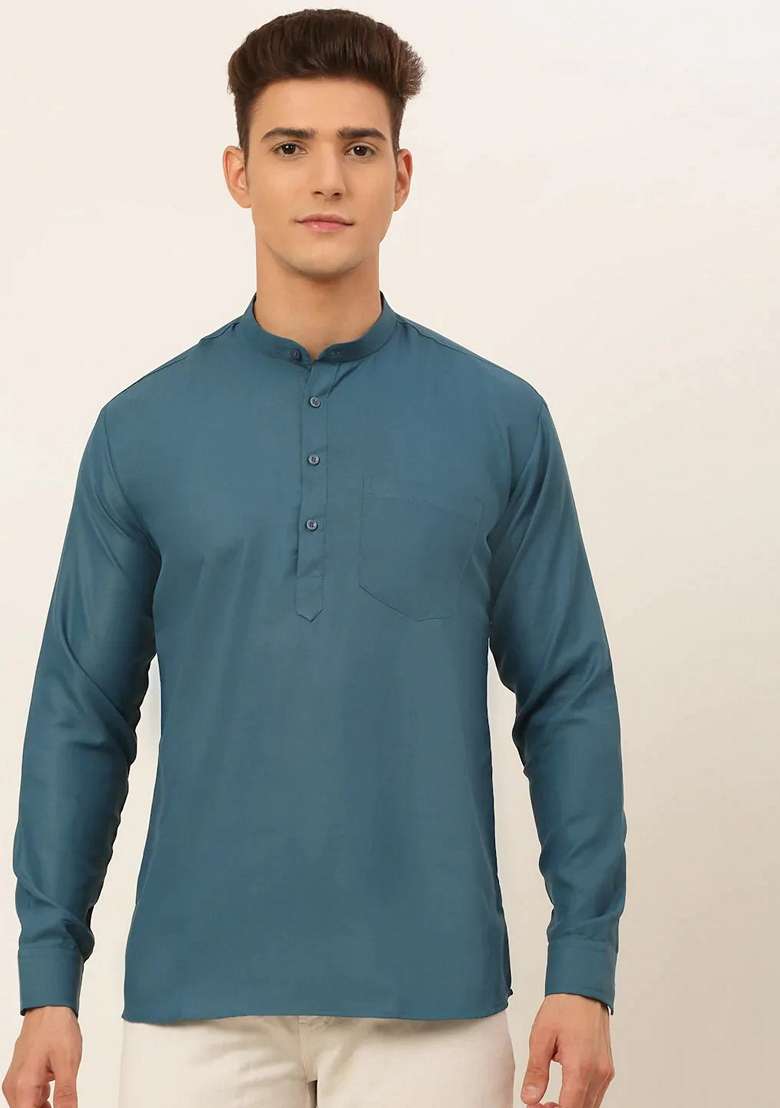 Teal Blue Cotton Kurta For Men - Indya