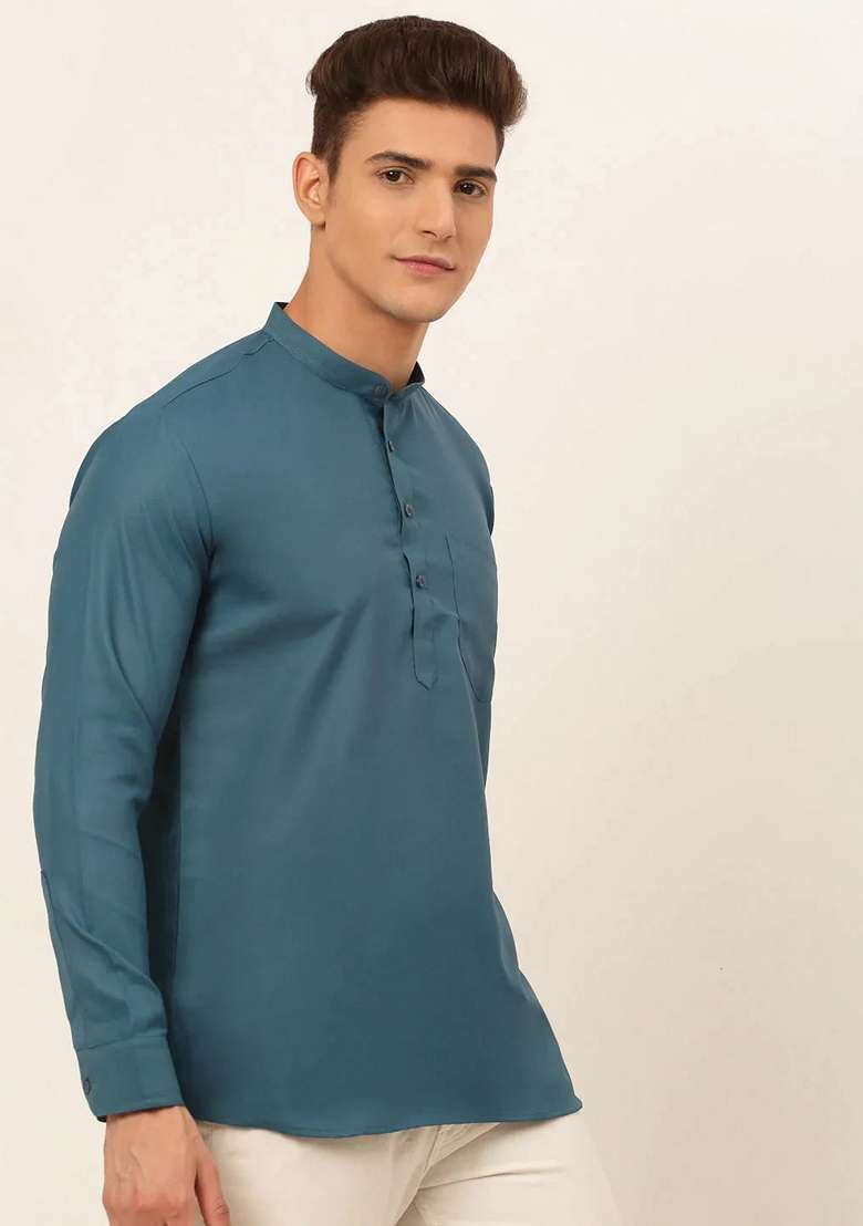 Teal Blue Cotton Kurta For Men - Indya
