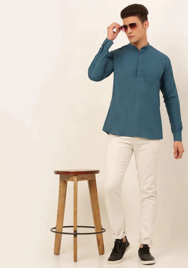 Teal Blue Cotton Kurta For Men - Indya