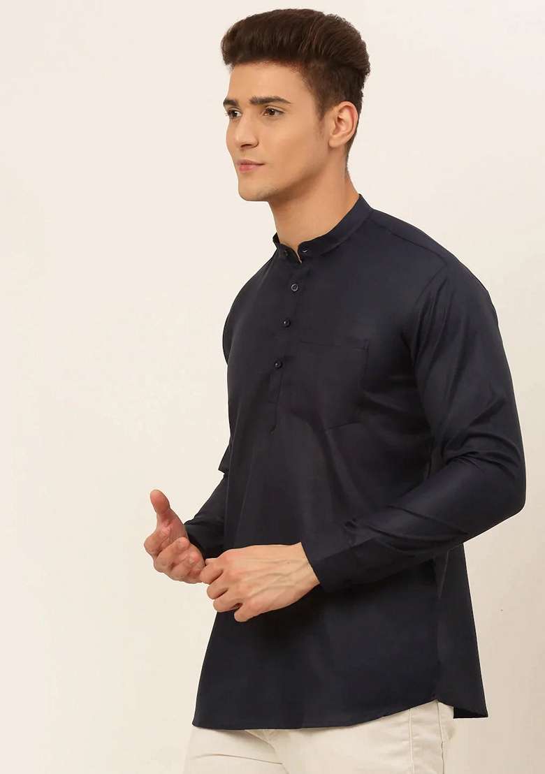Navy Blue Cotton Kurta For Men - Indya