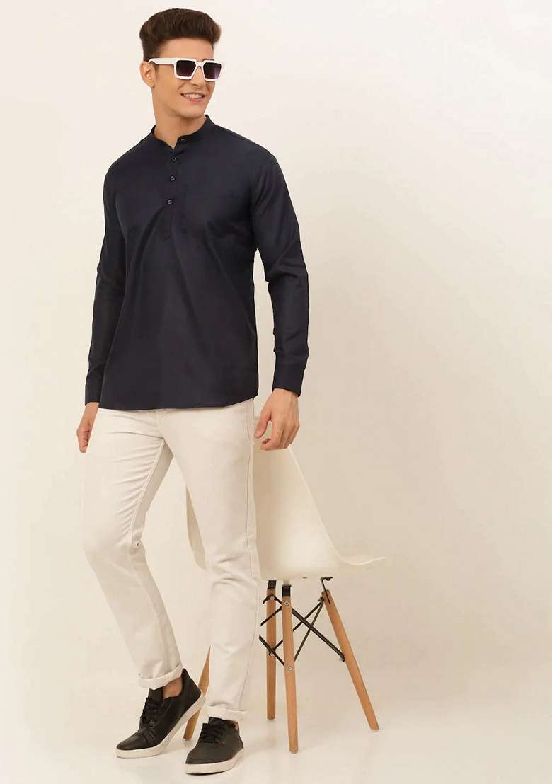 Navy Blue Cotton Kurta For Men - Indya