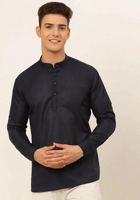 Navy Blue Cotton Kurta For Men