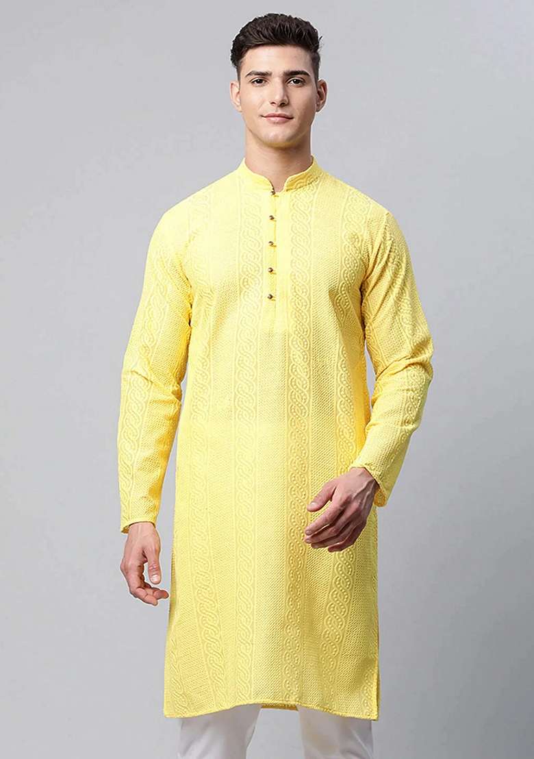 Lemon Green Embroidered Cotton Kurta For Men - Indya