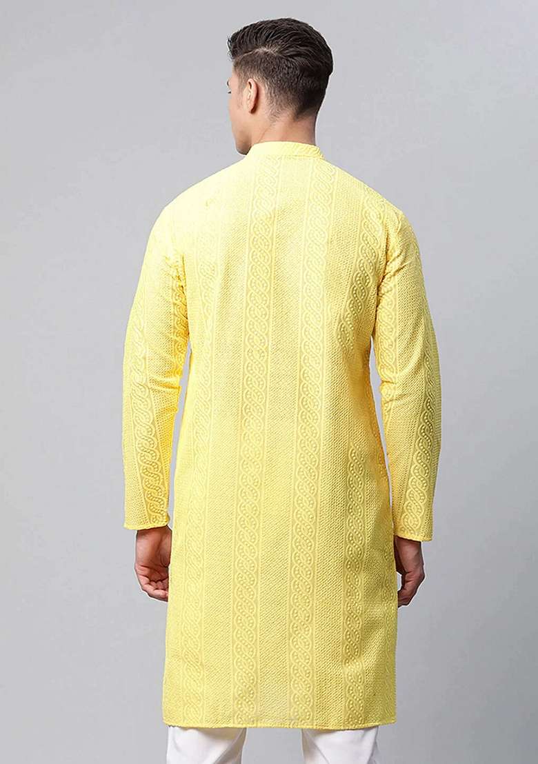 Lemon Green Embroidered Cotton Kurta For Men - Indya