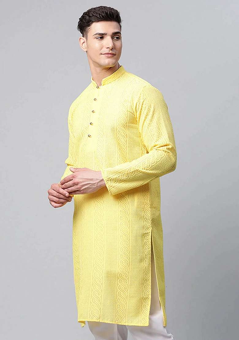 Lemon Green Embroidered Cotton Kurta For Men - Indya