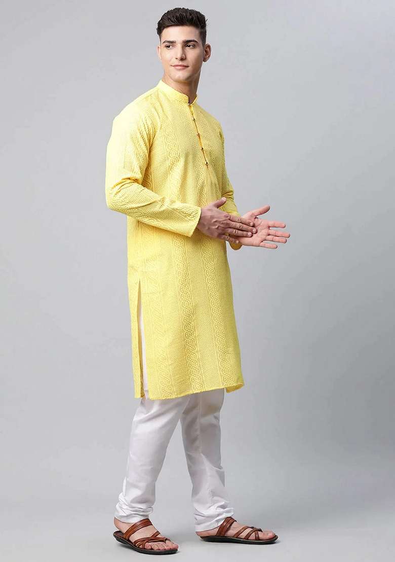 Lemon Green Embroidered Cotton Kurta For Men - Indya