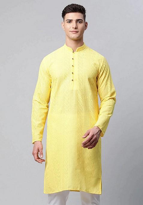 Lemon Green Embroidered Cotton Kurta For Men