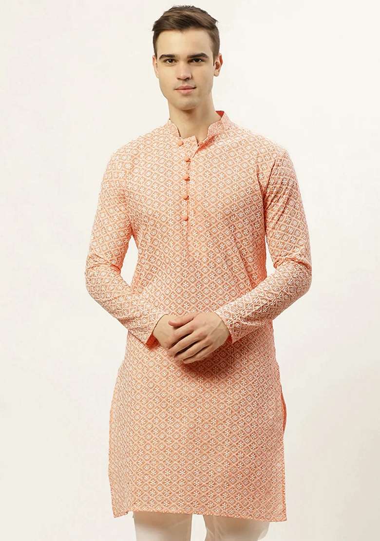 Orange Embroidered Cotton Kurta For Men - Indya