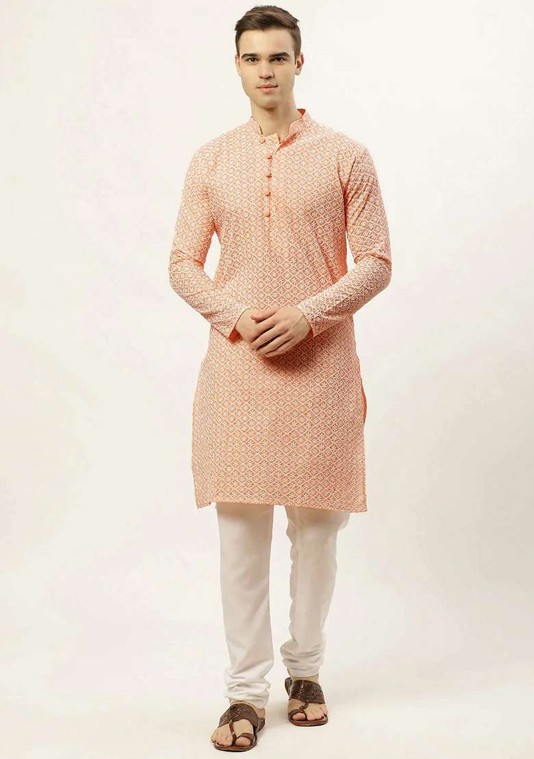 Orange Embroidered Cotton Kurta For Men - Indya
