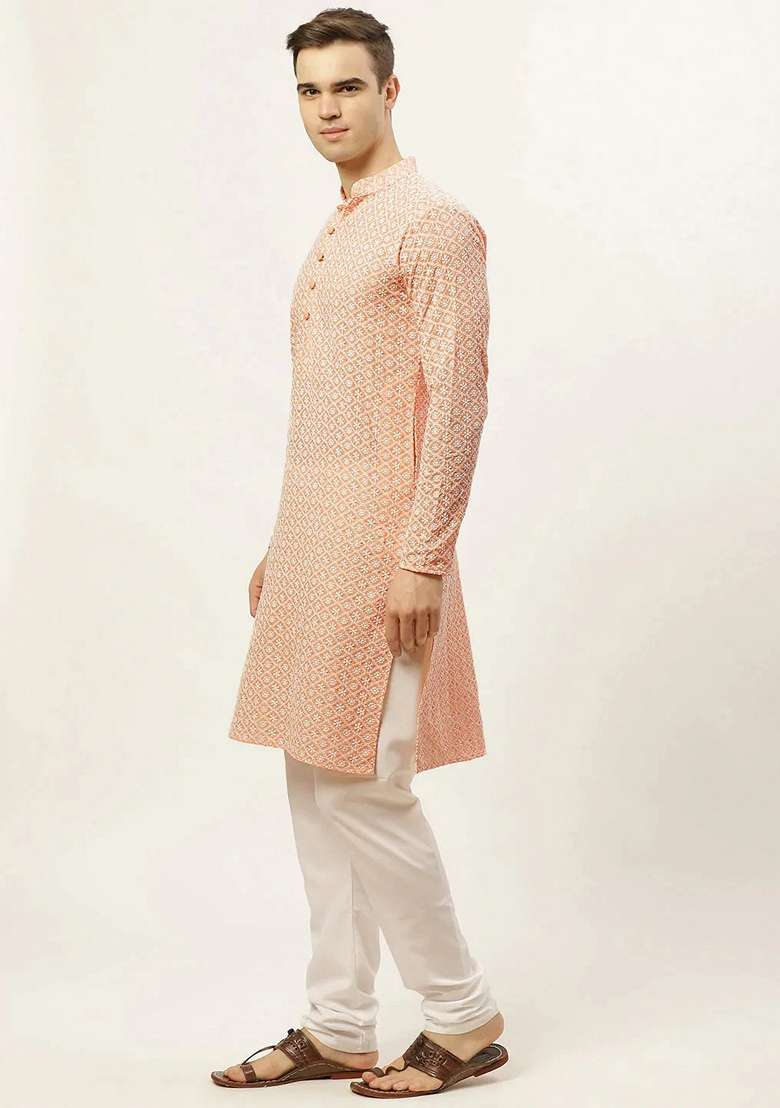 Orange Embroidered Cotton Kurta For Men - Indya