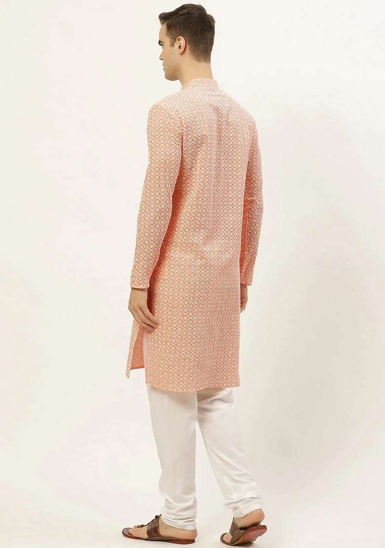 Orange Embroidered Cotton Kurta For Men - Indya
