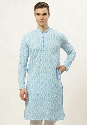 Sky Blue Embroidered Cotton Kurta For Men