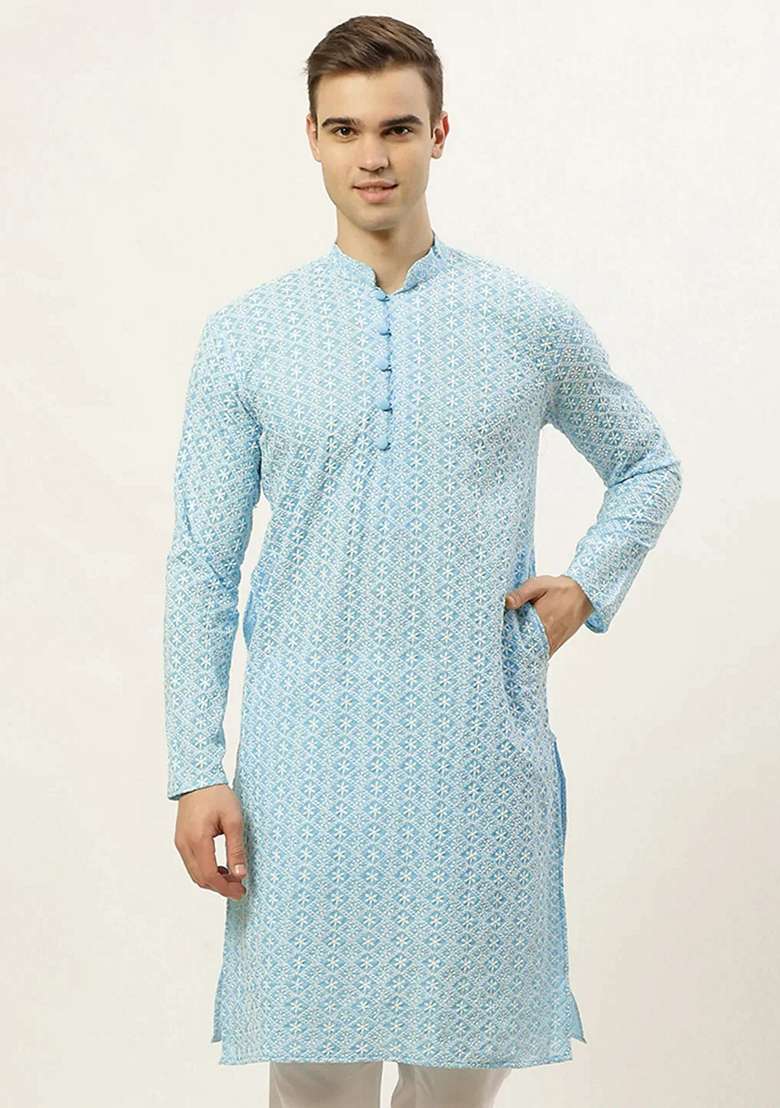 Sky Blue Embroidered Cotton Kurta For Men - Indya