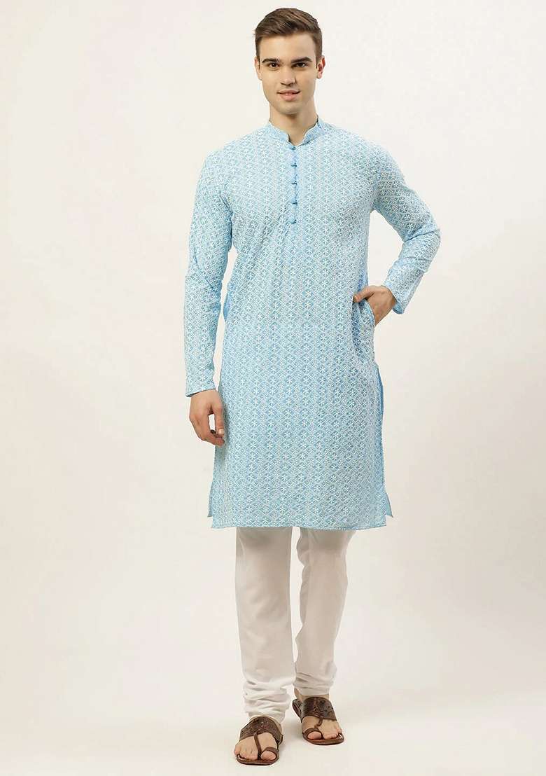 Sky Blue Embroidered Cotton Kurta For Men - Indya