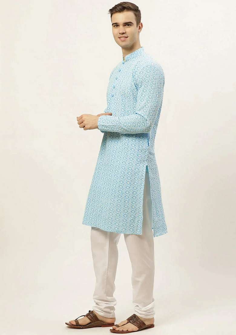 Sky Blue Embroidered Cotton Kurta For Men - Indya
