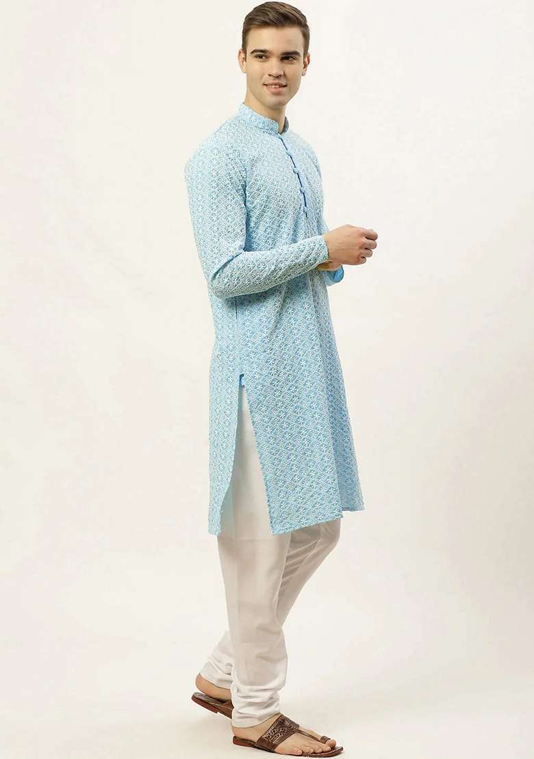 Sky Blue Embroidered Cotton Kurta For Men - Indya