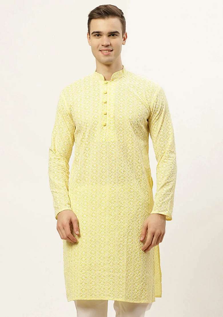 Yellow Embroidered Cotton Kurta For Men - Indya