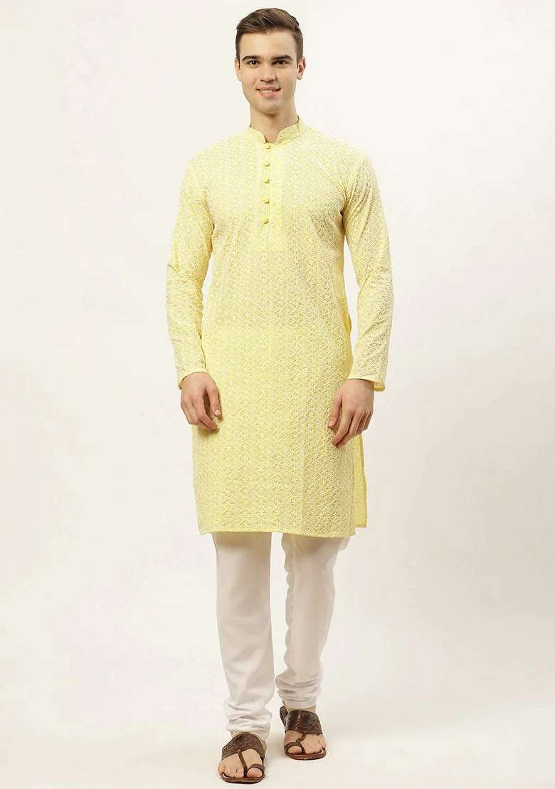 Yellow Embroidered Cotton Kurta For Men - Indya