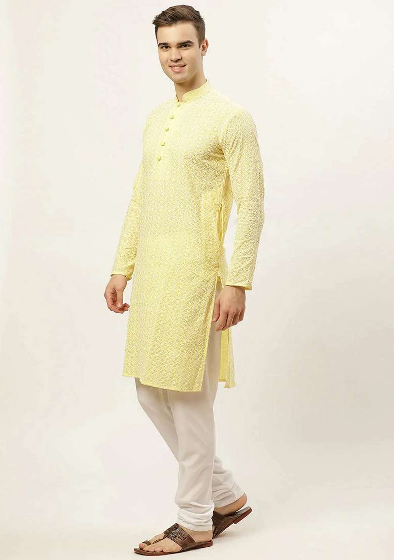 Yellow Embroidered Cotton Kurta For Men - Indya