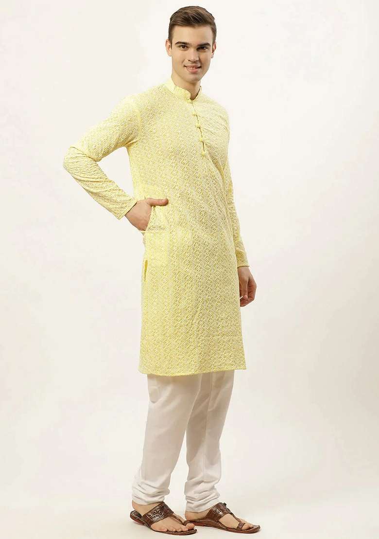Yellow Embroidered Cotton Kurta For Men - Indya