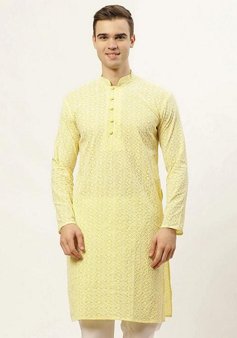 Yellow Embroidered Cotton Kurta For Men