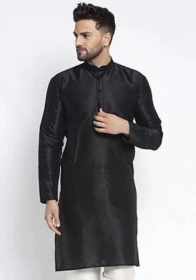 Black Dupion Silk Kurta For Men