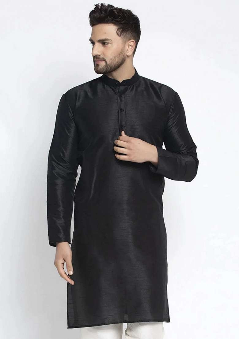 Black Dupion Silk Blend Kurta For Men - Indya