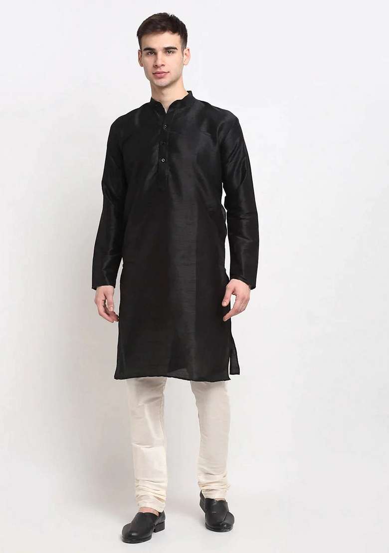 Black Dupion Silk Blend Kurta For Men - Indya