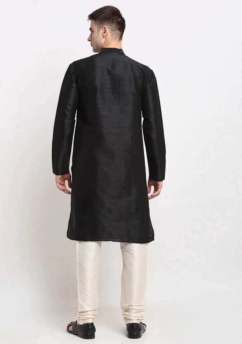 Black Dupion Silk Blend Kurta For Men - Indya