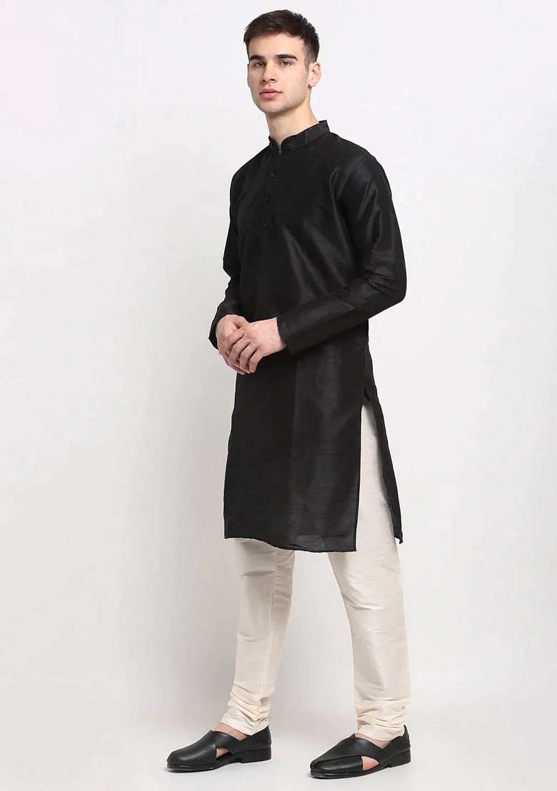 Black Dupion Silk Blend Kurta For Men - Indya