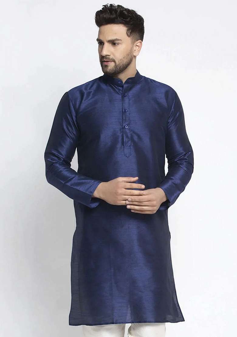 Navy Blue Dupion Silk Blend Kurta For Men - Indya