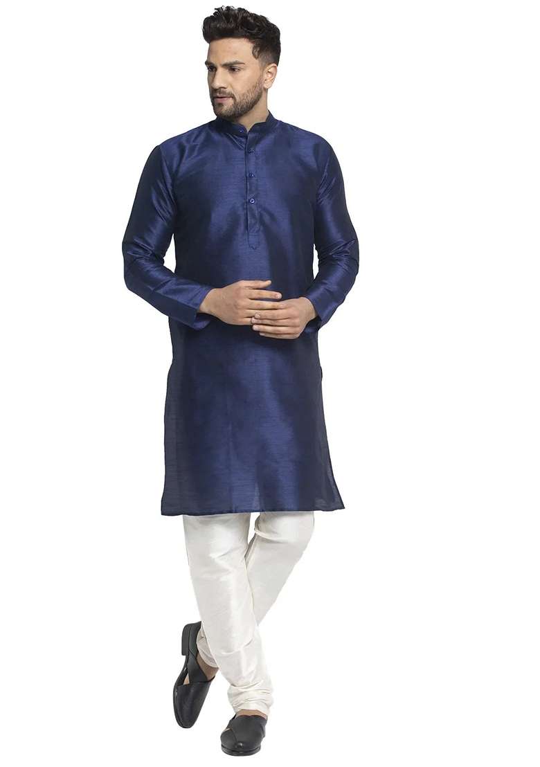 Navy Blue Dupion Silk Blend Kurta For Men - Indya