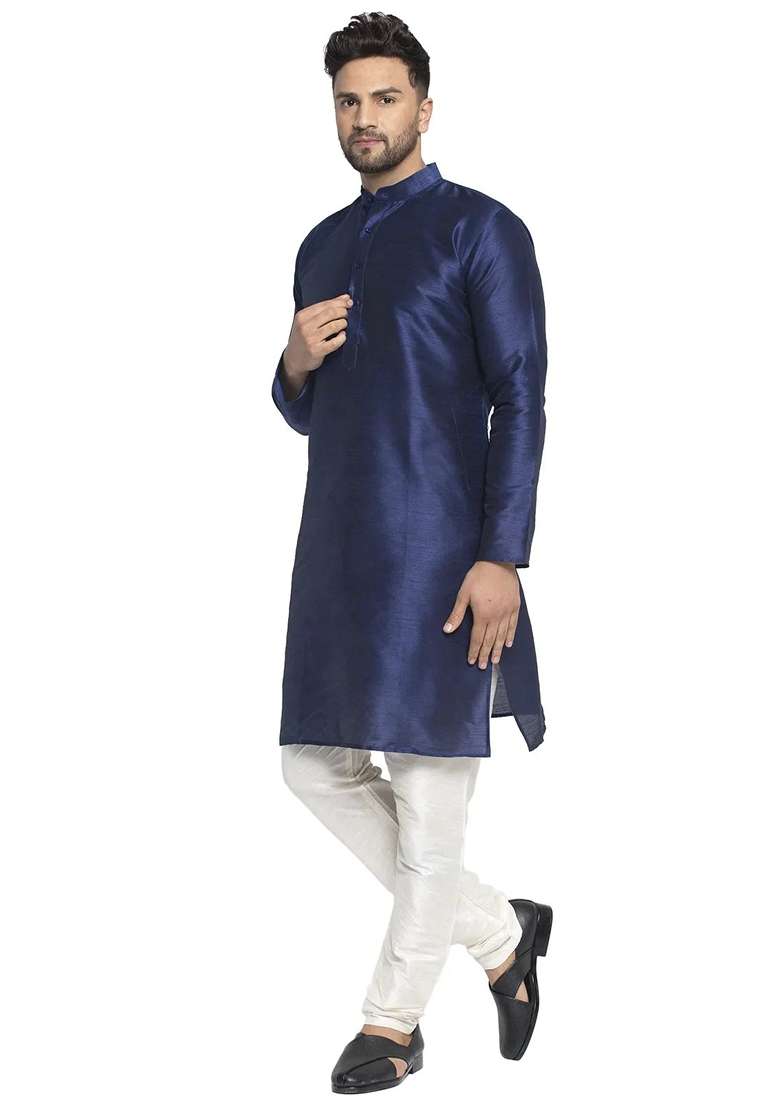 Navy Blue Dupion Silk Blend Kurta For Men - Indya