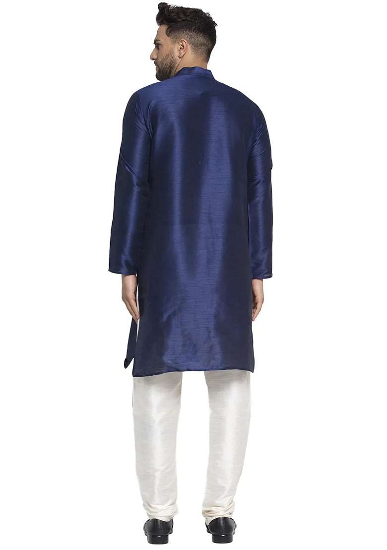 Navy Blue Dupion Silk Blend Kurta For Men - Indya